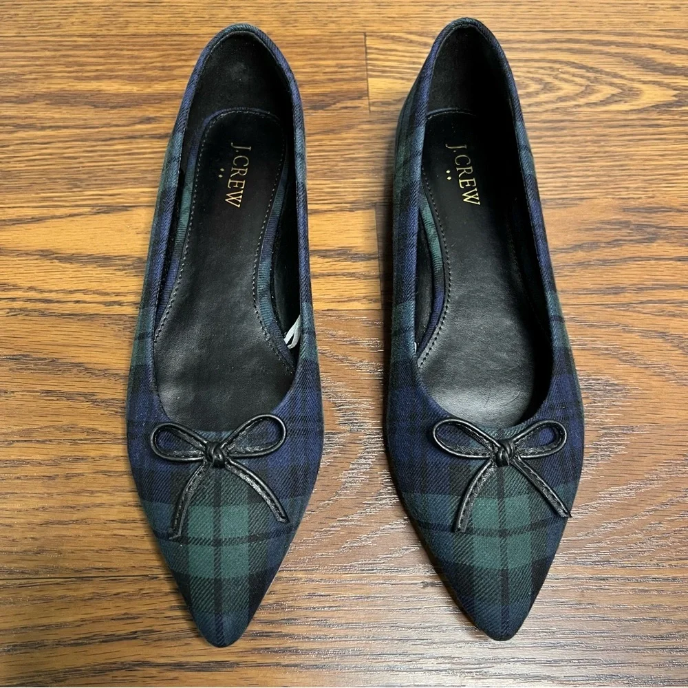 J.Crew Black Watch plaid tartan pointed-toe bow ballet flat size 8